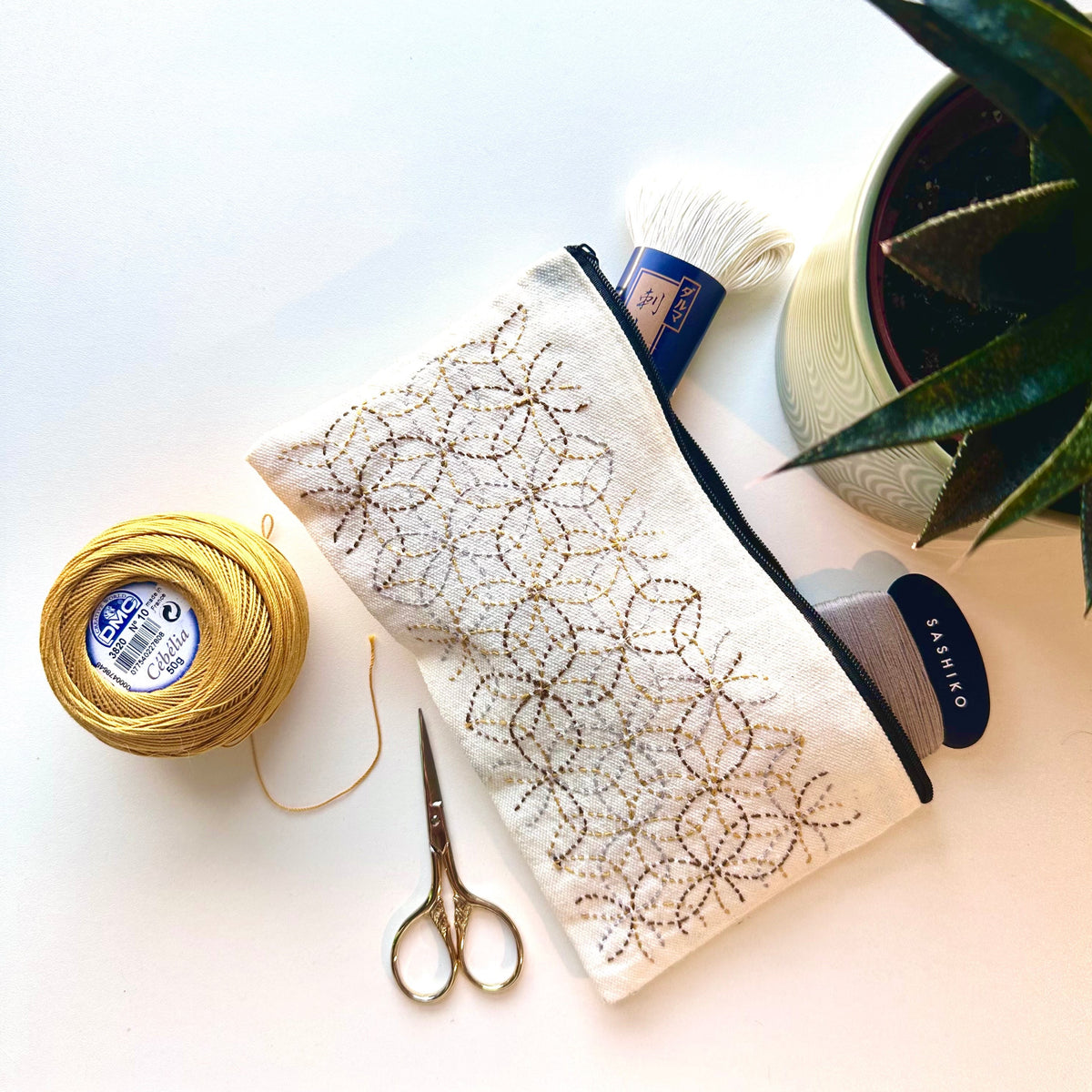 Sashiko Stick & Stitch Pouch Kit, Learn 3 Sashiko Designs, Stick & Sti