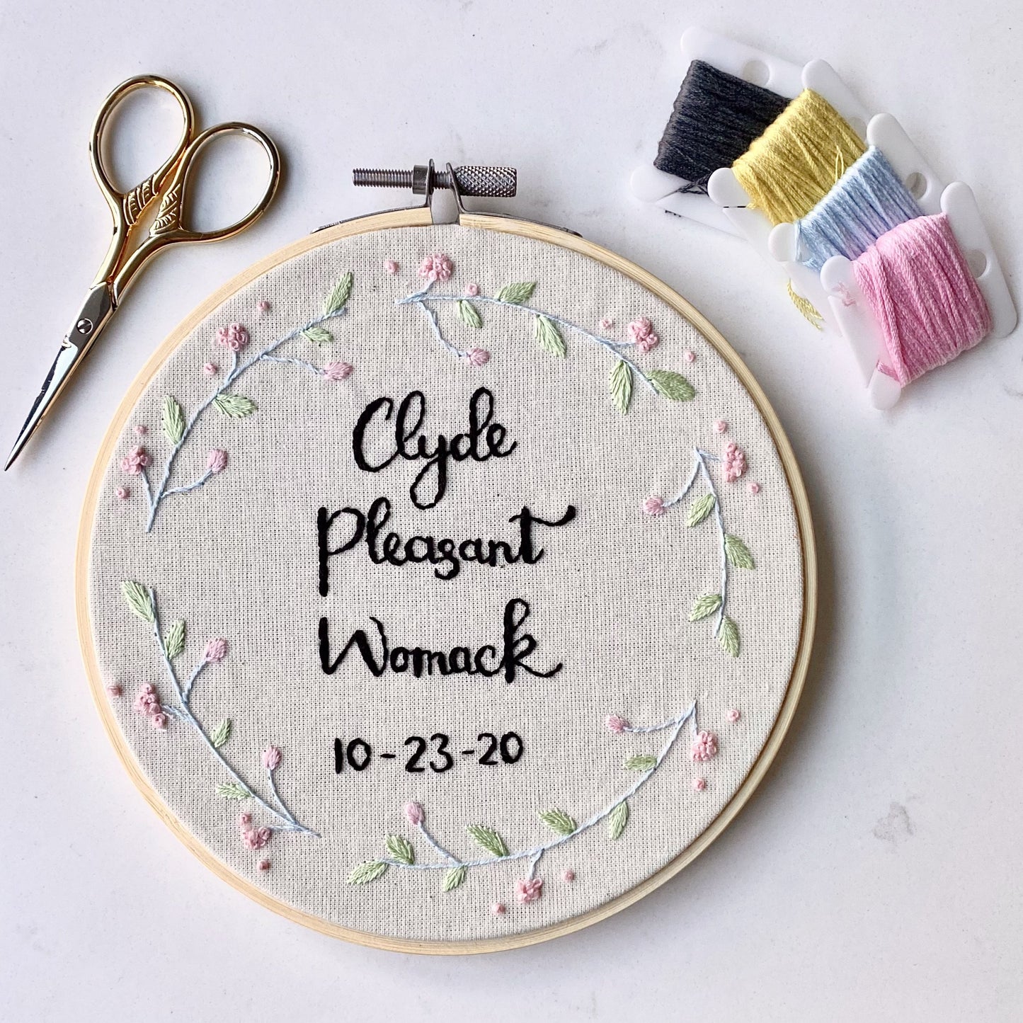 Name & date embroidery hoop