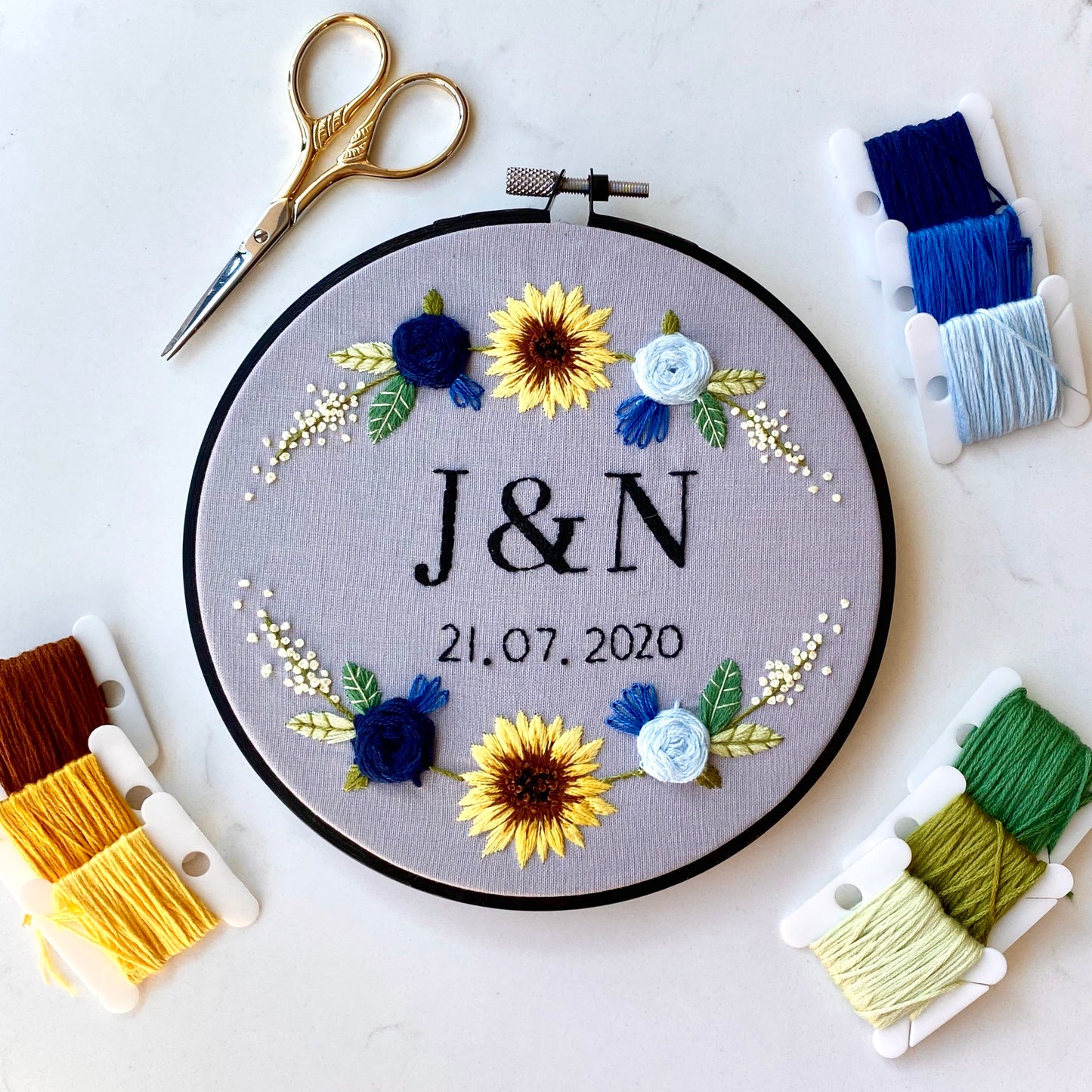 Initials & Date Floral Embroidery Hoop