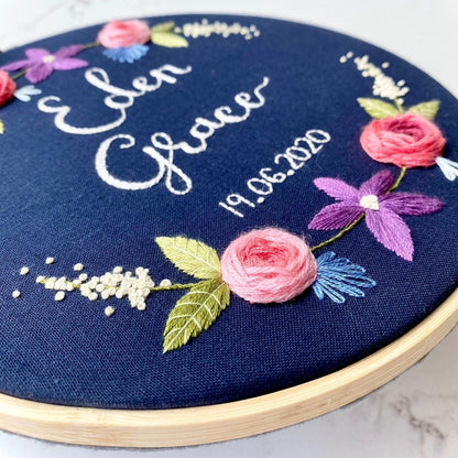 Name & date embroidery hoop