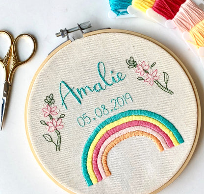 Personalised Name & Date - Handmade Embroidery Hoop Art with Rainbow Detailing